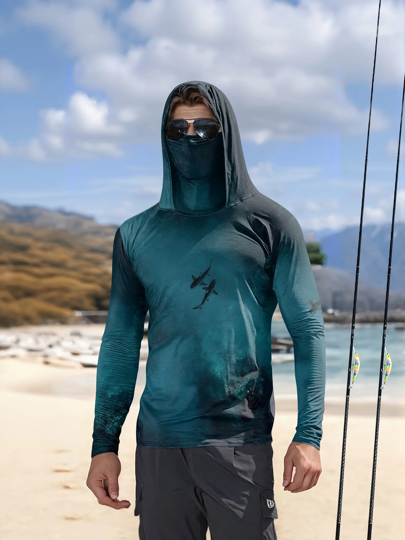 Fishing Mask Sun Protection - Hoodie Pancing Pria UPF50+ dengan Masker